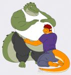alligator alligatorid anthro belly belly_grab big_belly blush clothing cody_(swatthefox) crocodilian dragon duo embrace eon54 hands_on_belly hi_res hug jagged_(eon54) kneeling kneeling_on_ground looking_down looking_pleasured male male/male obese obese_anthro obese_male overweight overweight_anthro overweight_male reptile scalie size_difference skinny smaller_male smile soft_belly standing tail tail_motion tailwag teeth