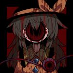  1girl black_border black_headwear blood blood_on_clothes blood_on_face border bow cyclops faceless green_hair guro horror_(theme) jacket komeiji_koishi long_hair one-eyed red_background solo touhou yellow_bow yellow_jacket zunusama 