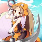  anchor bare_shoulders brown_eyes brown_hair fang fingerless_gloves gloves guilty_gear hat long_hair may_(guilty_gear) open_mouth orange_hat orange_shirt pantyhose pirate_hat ponytail shirt solo yukimiya_(parupunta) 