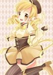  aiba_kou beret blonde_hair boots breasts corset detached_sleeves drill_hair fingerless_gloves gloves hair_ornament hat magical_girl mahou_shoujo_madoka_magica medium_breasts pleated_skirt puffy_sleeves skindentation skirt smile solo thighhighs tomoe_mami twin_drills twintails yellow_eyes 