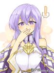  ! 1girl bare_shoulders blush breasts circlet dress fire_emblem fire_emblem:_genealogy_of_the_holy_war hands_on_own_face julia_(fire_emblem) long_hair open_mouth purple_eyes purple_hair sash simple_background solo spoken_exclamation_mark wide_sleeves yukia_(firstaid0) 