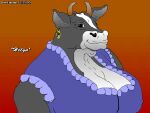 1993 anthro big_breasts bovid bovine breasts cattle clothed clothing dan_canaan female fur gradient horn mammal simple_background smile solo text