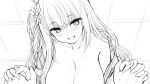  1girl animal_ear_fluff animal_ears bare_shoulders blush breasts cleavage collarbone extra_ears flower fox_ears fox_girl greyscale hair_flower hair_ornament heart heart-shaped_pupils highres holding_hands implied_sex indie_virtual_youtuber indoors japanese_clothes kamishiro_natsume kimono kitsune large_breasts long_hair looking_at_viewer monochrome open_clothes open_mouth pov pov_hands smile solo_focus sweat symbol-shaped_pupils uni8 upper_body 