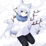  animal_ears black_pants blue_eyes blue_scarf character_request closed_mouth commentary_request copyright_request expressionless fox_ears fox_tail gender_request highres kaigen_1025 long_sleeves looking_at_viewer outdoors pants scarf short_hair snow solo sweater tail white_sweater 
