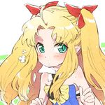  :o astarotte_ygvar backless_dress backless_outfit bad_id bad_pixiv_id big_hair blonde_hair blue_dress blush bow detached_collar dress eyebrows_visible_through_hair green_eyes hair_ribbon long_hair looking_at_viewer lotte_no_omocha! mutou_mato necktie parted_lips pointy_ears ribbon solo two_side_up 