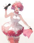  1girl black_gloves blue_eyes blush boots bracelet breasts collar dress elphelt_valentine fingerless_gloves frilled_dress frills gloves guilty_gear guilty_gear_strive hairband highres holding holding_microphone jewelry large_breasts looking_at_viewer microphone one_eye_closed open_mouth pink_dress pink_footwear pink_hair short_hair simple_background smile spiked_bracelet spiked_collar spiked_hairband spikes thigh_boots two-tone_dress white_dress yeji36 