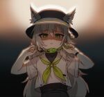  1girl absurdres animal_ears artist_request blush braid covered_collarbone crime_prevention_buzzer dress dushevnaya_(neural_cloud) girls&#039;_frontline girls&#039;_frontline_neural_cloud green_eyes grey_hair highres ksvk_(girls&#039;_frontline) long_hair neckerchief open_mouth sailor_collar shaded_face short_sleeves shukusei!!_loli-gami_requiem solo very_long_hair 