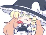  1girl @_@ apron black_headwear black_vest blonde_hair blush bow braid buttons chahan_(fried_rice0614) chibi commentary eating fly_agaric frilled_apron frilled_hat frills hair_bow hand_on_own_hip hat hat_bow holding holding_stick kirisame_marisa long_hair long_sleeves mushroom puffy_sleeves shirt side_braid simple_background single_braid solo stick touhou turtleneck upper_body vest waist_apron wavy_mouth white_apron white_background white_bow white_shirt witch_hat yellow_eyes 