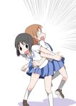  aioi_yuuko back-to-back black_eyes black_hair blush brown_hair lifting locked_arms multiple_girls nichijou open_mouth school_uniform shinonome_nano shirika short_hair skirt smile tears tokisadame_school_uniform 