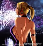  aerial_fireworks armlet back backless_dress backless_outfit bare_back blonde_hair breasts dress earrings fireworks formal halterneck jewelry kawano_takuji large_breasts nina_williams no_bra official_art ponytail purple_dress sideboob solo tekken 