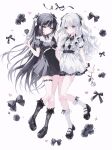  2girls absurdres black_bow black_dress black_flower black_footwear black_hair black_nails black_rose black_socks bow breasts brown_eyes dress flower grey_eyes hair_ribbon heart highres holding holding_flower long_hair multiple_girls noah_(0noah) original ribbon rose socks thigh_strap two_side_up white_background white_dress white_flower white_hair white_rose white_socks 