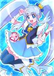  1girl blue_background blue_eyes blue_hair blue_skirt blue_thighhighs boots brooch crown cure_princess hair_ornament happinesscharge_precure! heart highres jewelry long_hair looking_at_viewer magical_girl mini_crown momo02634 open_mouth precure salute skirt smile solo thighhighs twintails vest wing_brooch wrist_cuffs 
