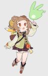  1girl :o arm_up bag basket bell bloomers blunt_bangs blush boots bow-shaped_hair braid brown_dress brown_eyes brown_hair commentary_request do_m_kaeru dress full_body fur-trimmed_boots fur_trim genshin_impact green_jacket grey_background hair_bell hair_ornament jacket jingle_bell long_sleeves looking_up open_mouth pouch seelie_(genshin_impact) short_hair sidelocks simple_background solo tassel white_bloomers white_footwear yaoyao_(genshin_impact) yuegui_(genshin_impact) 
