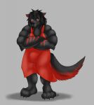 alexzandr_sokolov anthro biceps black_body black_fur black_hair black_nose bulge canid canine canis chest_tuft clothing crossed_arms dress dritazura fur grumpy hair hi_res male mammal markings muscular muscular_arms plantigrade red_clothing red_dress red_eyes red_markings solo tuft upset wolf