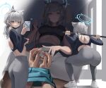  1boy 1girl absurdres animal_ears ass blue_archive blue_eyes blue_halo breasts cellphone closed_mouth cross_hair_ornament from_behind grey_hair grey_pants hair_ornament halo highres holding holding_phone leash leviathan_(hikinito0902) looking_at_viewer medium_breasts medium_hair midriff multiple_views pants phone pov shiroko_(blue_archive) shoes spread_legs squatting sweat white_footwear yoga_pants 