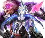  1girl armor armored_dress aura belderiver black_armor blood breasts cleavage crown dress glowing glowing_eyes gwendolyn highres large_breasts odin_sphere open_mouth oswald_(odin_sphere) polearm short_hair silver_hair spear strapless strapless_dress sword takebi teeth thighhighs valkyrie weapon wings zettai_ryouiki 