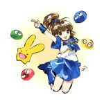  1girl ahoge arle_nadja arm_up blue_footwear blue_shirt blue_skirt blue_wristband boots brown_eyes brown_hair carbuncle_(puyopuyo) commentary_request flat_chest full_body high_ponytail highres index_finger_raised jumping kaigen_1025 miniskirt open_mouth ponytail puyo_(puyopuyo) puyopuyo shirt short_sleeves sketch skirt smile vest white_vest wristband 