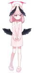  1girl alternate_costume blue_archive blush clenched_hands closed_mouth collarbone corrupted_twitter_file dress full_body hair_down halo head_wings highres honi_(honi1010) koharu_(blue_archive) long_sleeves looking_to_the_side medium_hair off_shoulder pink_dress pink_eyes pink_hair raised_eyebrows simple_background single_bare_shoulder slippers solo standing white_background wings 