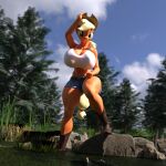 3d_(artwork) anthro anthrofied applejack_(mlp) belt big_breasts blonde_hair blurred_background boots bottomwear bound breasts cleavage clothed clothing cowboy_hat cutoffs deep_cleavage denim denim_bottomwear denim_clothing detailed_background digital_media_(artwork) earth_pony equid equine female footwear friendship_is_magic front_view grass green_eyes hair hand_on_hat hasbro hat headgear headwear hi_res horse long_hair looking_at_viewer mammal midriff my_little_pony navel outside plant pony rock shocking_(artist) shorts smile solo standing tail tail_tied tree water yellow_tail