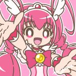  1girl :d antenna_hair artist_name blush bow bright_pupils choker cure_happy fake_head_wings frills hair_ornament highres hoshizora_miyuki long_hair looking_at_viewer magical_girl mayena open_mouth outline outstretched_arms pink_background pink_bow pink_choker pink_eyes pink_hair precure ribbon signature simple_background smile smile_precure! solo tiara twintails upper_body white_outline white_pupils wings wrist_cuffs 