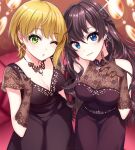  2girls bare_shoulders blonde_hair blue_eyes blurry blurry_background blush braid breasts brown_dress brown_hair cleavage closed_mouth dot_nose dress earrings from_above glint gloves green_eyes hair_between_eyes hand_up ichinose_shiki idolmaster idolmaster_cinderella_girls idolmaster_cinderella_girls_starlight_stage index_finger_raised jewelry lace lace_gloves lens_flare long_hair looking_at_viewer medium_breasts miyamoto_frederica multiple_girls necklace on_chair one-eyed parted_lips rainbow_gradient see-through see-through_cleavage see-through_sleeves short_hair short_sleeves sitting sleeveless sleeveless_dress smile uruhara_ryuuku wavy_hair 