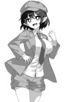  1girl breasts cabbie_hat coat collared_shirt cowboy_shot greyscale hat large_breasts long_sleeves monochrome necktie onkn_sxkn open_clothes open_coat open_mouth pointy_ears shameimaru_aya shameimaru_aya_(newsboy) shirt short_hair shorts simple_background smile solo touhou white_background 