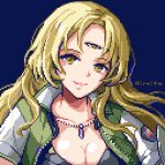  1girl black_shirt blue_background breasts brown_eyes brown_hair cleavage closed_mouth collarbone green_jacket hiroita jacket jewelry large_breasts long_hair looking_at_viewer lowres necklace opera_vectra pixel_art shirt simple_background smile solo star_ocean star_ocean_the_second_story third_eye 
