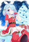  1girl arona_(blue_archive) belt blue_archive blue_hair blush boots brown_belt christmas_present christmas_tree colored_inner_hair dress fur-trimmed_boots fur-trimmed_dress fur-trimmed_gloves fur_trim gift gloves headband highres looking_at_viewer mikumiku37 multicolored_hair one_eye_closed open_mouth pink_hair red_dress red_footwear red_gloves santa_boots santa_dress santa_gloves short_hair white_headband 