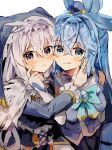  2girls :p absurdres aqua_(konosuba) aqua_bow aqua_bowtie blue_eyes blue_gemstone blue_hair blue_shirt blush bow bowtie closed_mouth eris_(konosuba) gem habit hair_ornament hand_on_another&#039;s_face highres kono_subarashii_sekai_ni_shukufuku_wo! looking_at_viewer multiple_girls pekeheihou purple_eyes shirt simple_background sleeveless sleeveless_shirt smile tongue tongue_out upper_body white_background white_hair 