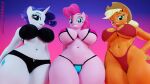 3d_(artwork) absurd_res anthro applejack_(mlp) bikini biped breasts clothing cowboy_hat digital_media_(artwork) equid equine eyelashes female floppyhuman freckles friendship_is_magic group hair hasbro hat headgear headwear hi_res horn looking_at_viewer mammal my_little_pony navel pink_body pinkie_pie_(mlp) pupils purple_hair rarity_(mlp) smile swimwear thick_thighs trio unicorn white_body wide_hips