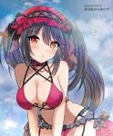  1girl :o bare_shoulders bikini black_hair blush breasts clock_eyes date_a_live frilled_bikini frilled_hairband frills hairband heterochromia highres large_breasts lolita_hairband looking_at_viewer red_eyes red_hairband solo swimsuit symbol-shaped_pupils tokisaki_kurumi usuba_kagerou_(shougyouchu) 