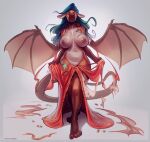 anthro areola big_breasts biped bodily_fluids breasts clothing dragon furlana hair membrane_(anatomy) membranous_wings nipples open_mouth sweat tail torn_clothing wings