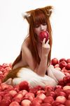  1girl anastasiya_reznikova animal_ears apple cosplay eating eyes_closed female food fruit holo holo_(cosplay) horo horo_(cosplay) long_hair naked nude photo real red_hair simple_background solo spice_and_wolf tail 