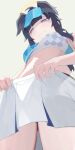  1girl black_hair blue_archive blue_eyes breasts closed_mouth eyewear_on_head from_below green_background halo hibiki_(blue_archive) hibiki_(cheer_squad)_(blue_archive) highres hiroki_(yyqw7151) looking_down medium_breasts midriff millennium_cheerleader_outfit_(blue_archive) navel official_alternate_costume simple_background solo sunglasses thighs yellow_halo 