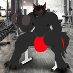 abs absurd_res alexzandr_sokolov anthro biceps black_body black_fur black_hair black_nose bulge canid canine canis claws clothing digitigrade exercise fur hair hand_on_knee hand_on_leg hi_res jockstrap male mammal markings muscular muscular_thighs nipples pecs red_eyes red_markings sitting solo underwear weightlifting wolf workout zi0808