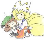  :3 ^_^ animal_ears belly_rub blonde_hair bow brown_hair cat_ears cat_tail chen chibi closed_eyes drawfag dress earrings fox_ears fox_tail jewelry lowres multiple_girls tail touhou yakumo_ran |_| 