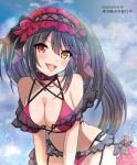  1girl bare_shoulders bikini black_hair breasts clock_eyes date_a_live frilled_bikini frilled_hairband frills hairband heterochromia highres large_breasts lolita_hairband looking_at_viewer red_eyes red_hairband solo swimsuit symbol-shaped_pupils tokisaki_kurumi tongue tongue_out usuba_kagerou_(shougyouchu) 