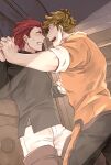  2boys bara black_pants black_shirt blonde_hair blush clenched_teeth eye_contact granblue_fantasy green_eyes grey_pants holding_hands indoors looking_at_another male_focus multiple_boys muscular muscular_male open_mouth orange_shirt pants percival_(granblue_fantasy) red_eyes red_hair shirt short_hair sleeves_rolled_up smile teeth touya_tsuzuru vane_(granblue_fantasy) yaoi 