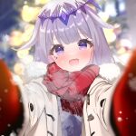  1girl blush christmas_tree coat colored_inner_hair duffel_coat gloves grey_hair hair_flaps hololive hololive_english jewel_under_eye kawaiipony2 koseki_bijou long_hair looking_at_viewer meme multicolored_hair open_mouth pink_hair pov_cheek_warming_(meme) purple_eyes reaching reaching_towards_viewer red_gloves red_scarf scarf smile solo virtual_youtuber white_coat 