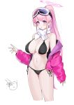  1girl :o absurdres bikini black_bikini blue_archive blush breasts down_jacket eimi_(blue_archive) eimi_(swimsuit)_(blue_archive) goggles goggles_on_head halo highres jacket large_breasts mark_jin off_shoulder official_alternate_costume open_clothes open_jacket padded_jacket pink_eyes pink_hair pink_halo pink_jacket scarf side-tie_bikini_bottom simple_background ski_goggles skindentation string_bikini swimsuit white_background white_scarf 