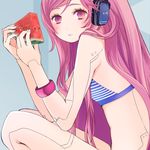  alternate_costume android bad_id bad_pixiv_id food fruit headphones holding holding_food holding_fruit long_hair looking_at_viewer pink_eyes pink_hair robot_joints sf-a2_miki simple_background sitting solo vocaloid watermelon wogura wristband 