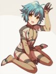  1girl :d antenna_hair between_legs black_gloves blue_hair blush boots brown_footwear chihiro_(chihiro3399) commentary_request eiyuu_densetsu flat_chest full_body gloves grey_background hair_between_eyes hand_between_legs hand_up happy highres leaning_forward long_sleeves looking_at_viewer millium_orion open_mouth sen_no_kiseki short_hair simple_background sitting smile solo spiked_hair tareme thigh_boots wariza yellow_eyes 