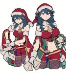  1girl artist_name blue_eyes blue_hair breasts brooch byleth_(female)_(fire_emblem) byleth_(female)_(frosty_professor)_(fire_emblem) byleth_(fire_emblem) character_doll do_m_kaeru fire_emblem fire_emblem_heroes gloves hat jewelry large_breasts looking_at_viewer multiple_views navel official_alternate_costume pantyhose santa_costume santa_hat solo sothis_(fire_emblem) white_gloves 