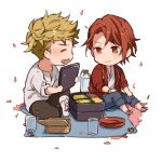 2boys black_pants blonde_hair blue_pants boots chibi closed_eyes cup falling_petals food granblue_fantasy jacket looking_at_another lunchbox male_focus multiple_boys open_clothes open_jacket open_mouth pants percival_(granblue_fantasy) petals picnic plate red_eyes red_hair red_jacket sandals shirt short_hair sitting smile touya_tsuzuru vane_(granblue_fantasy) white_shirt 