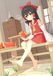  1girl absurdres aqoot bare_legs barefoot black_hair bow detached_sleeves food frilled_bow frills fruit full_body hakurei_reimu highres looking_at_viewer mandarin_orange nontraditional_miko open_mouth orange_(fruit) red_bow red_eyes red_ribbon ribbon sitting soles solo swinging_legs toes touhou water watermelon 