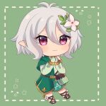  artist_request bag chibi detached_sleeves dress flower green_background green_dress hair_flower hair_ornament highres kokkoro_(princess_connect!) pink_eyes pointy_ears princess_connect! short_hair smile white_hair 