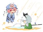  chibi floating hat konpaku_youmu multiple_girls open_mouth pink_hair red_eyes saigyouji_yuyuko spoon touhou translated viva!! white_hair 