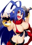  1girl antenna_hair belt bikini bikini_top_only blue_hair bracelet breasts cleavage disgaea fingerless_gloves genderswap genderswap_(mtf) gloves groin hair_between_eyes highres huge_weapon jewelry laharl-chan large_breasts long_hair looking_at_viewer makai_wars mun navel open_mouth pointy_ears red_eyes scarf solo swimsuit very_long_hair weapon 