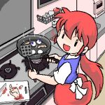  13th_coffin 1girl :d blood cannibalism cooking cutting_board eyeball frying_pan guro indoors jaggy_lines kitchen knife low_ponytail lowres oekaki original ponytail red_hair red_skirt severed_finger severed_hand short_sleeves sink skirt smile solo spatula stove 