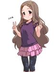  1girl aoba_kokona bike_shorts blush braid braided_bangs brown_hair forehead hair_ornament hairclip ikumono leggings long_hair pantyhose print_leggings red_eyes shirt simple_background single_braid skirt smile solo t-shirt v yama_no_susume 